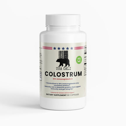 USA CALI Bovine Colostrum 500mg Capsules 30% IgG front label – immune & gut support