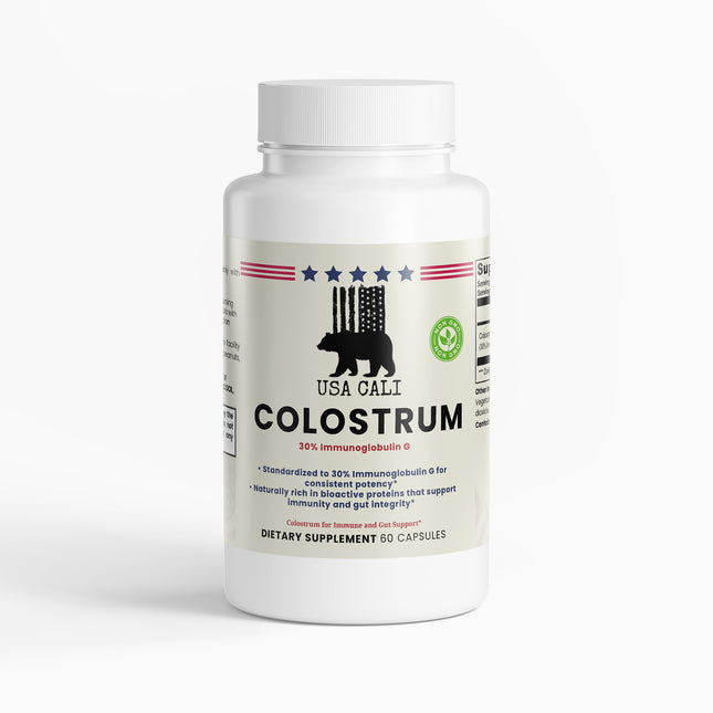 USA CALI Bovine Colostrum 500mg Capsules 30% IgG front label – immune & gut support
