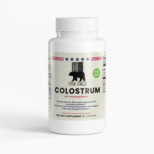 USA CALI Bovine Colostrum 500mg Capsules 30% IgG front label – immune & gut support