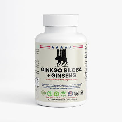 USA CALI Ginkgo Biloba Ginseng Capsules 60 Veggie Caps front label