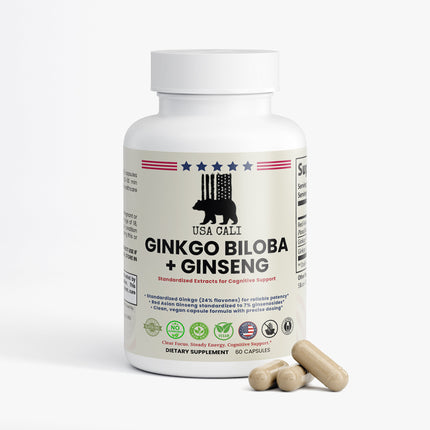 USA CALI Ginkgo 24% Flavones Red Asian Ginseng 7% Ginsenosides capsules side view