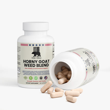 CALI Horny Goat Weed Blend bottle showing 60 caps made in USA for male vitality support