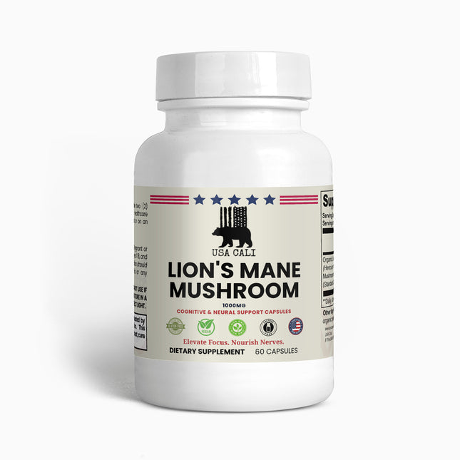 USA CALI Lion's Mane Mushroom Capsules – Organic Hericium Erinaceus Fruiting Body & Mycelium 400mg Standardized 40% Polysaccharides for Cognitive Support, Focus & Nerve Health – 60 Vegan Caps – Made in USA
