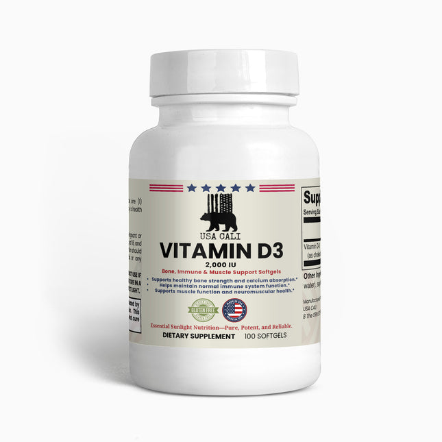 USA CALI Vitamin D3 2,000 IU Softgels – Cholecalciferol for Bone Health, Immune Support, Muscle Function & Seasonal Wellness – 100 Softgels – Made in USA