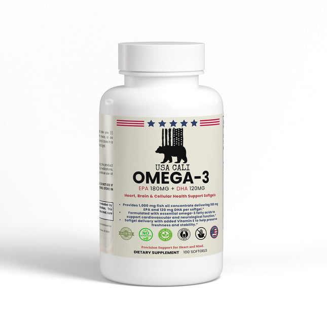 USA CALI Omega-3 Fish Oil Softgels – EPA 180mg + DHA 120mg with Vitamin E for Heart Health, Brain Function, Triglyceride Support & Vision – 100 Softgels – Made in USA