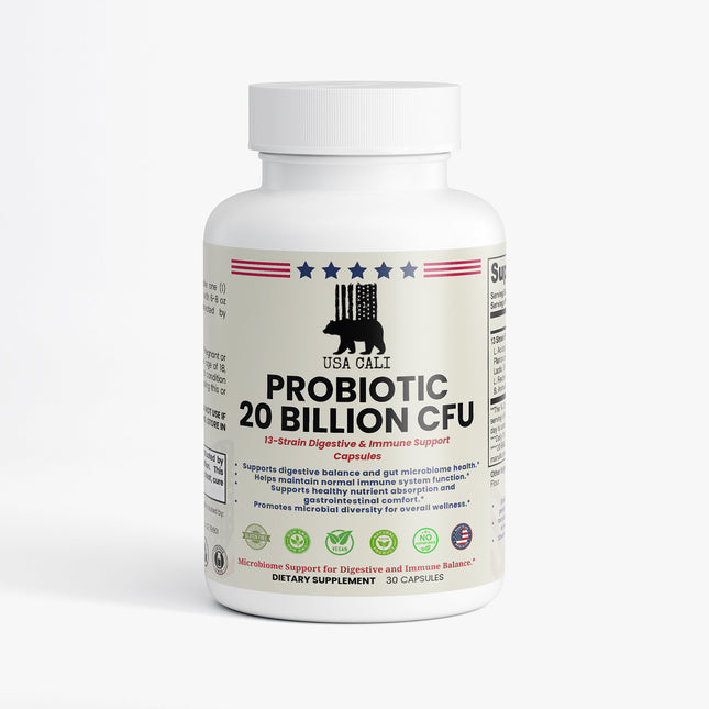 USA CALI Probiotic 20 Billion CFU Capsules – 13-Strain Blend with Lactobacillus & Bifidobacterium for Gut Flora Balance, Digestive Health & Immune System Support – 30 Caps – Made in USA