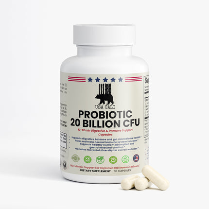 USA CALI Probiotic 20 Billion CFU Capsules – 13-Strain Blend with Lactobacillus & Bifidobacterium for Gut Flora Balance, Digestive Health & Immune System Support – 30 Caps – Made in USA