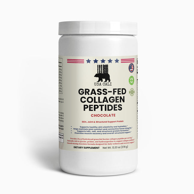 USA CALI Grass-Fed Collagen Peptides Powder Chocolate – Hydrolyzed Types I & III Bovine Collagen for Skin Elasticity, Hair, Nails, Joint & Bone Support – Stevia Sweetened – Made in USA