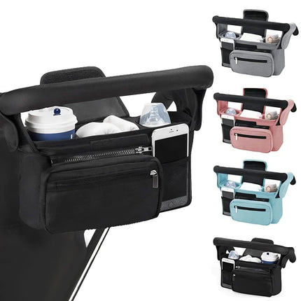 Baby stroller manager with non-slip strap attached to stroller handlebar