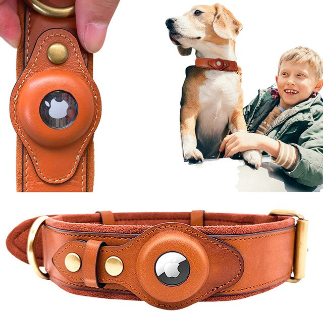 USA CALI Leather AirTag Dog Collar – Secure GPS Holder for Apple AirTag (Not Included)