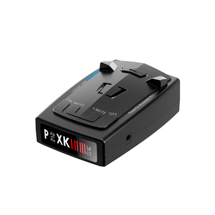 Radar detector front view with digital display and compact design