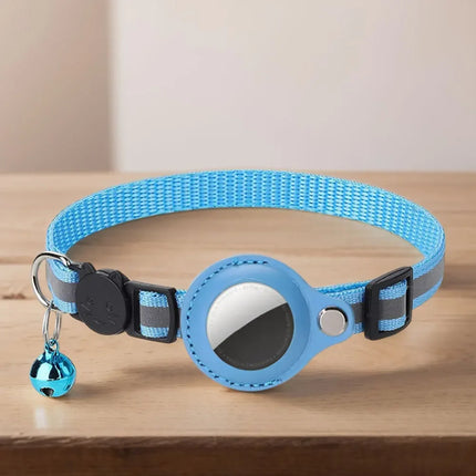 Reflective cat collar with AirTag holder shown open and closed