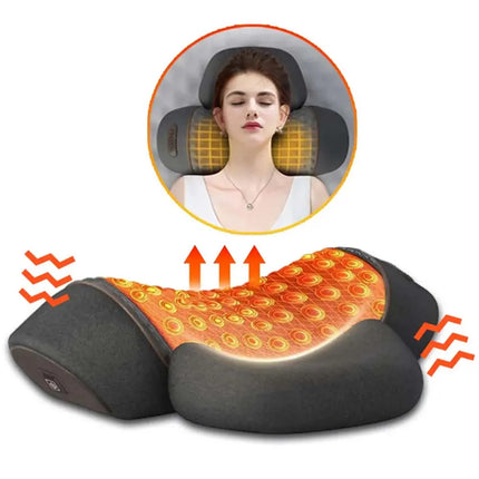 Electric neck massage pillow heating vibration therapy close-up view