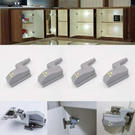 LED Cabinet Hinge Lights illuminating cabinet interior with warm glow