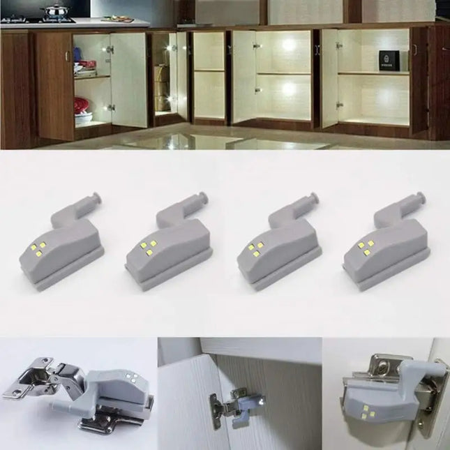 LED Cabinet Hinge Lights illuminating cabinet interior with warm glow