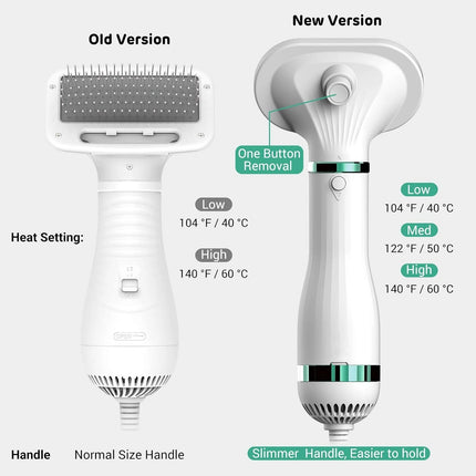 Pet drying brush side view showing ergonomic handle design for easy grooming