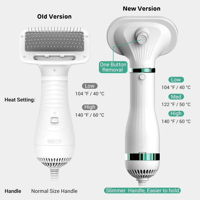 Pet drying brush side view showing ergonomic handle design for easy grooming
