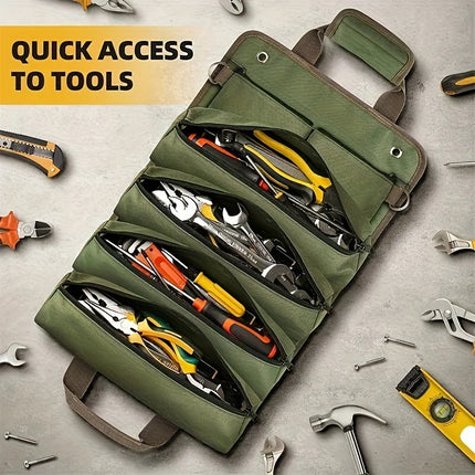 Heavy-Duty Roll-Up Tool Bag unrolled displaying multiple tool pockets