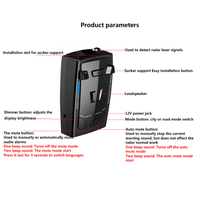 Radar detector side profile showing sleek housing and mounting bracket