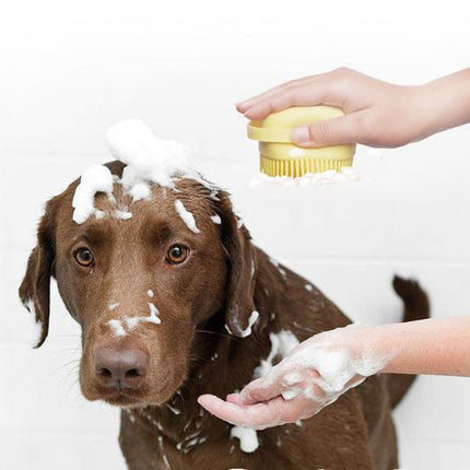 Silicone pet massage brush with built-in shampoo dispenser for easy bathing