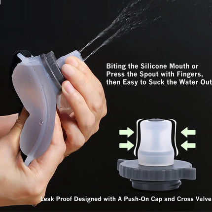 Wrist water bottle for sports shown worn on wrist during outdoor exercise