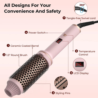 Ceramic hair curler brush side view showing ergonomic handle design