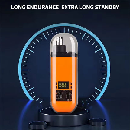 Electric nose hair trimmer side angle view showing ergonomic grip