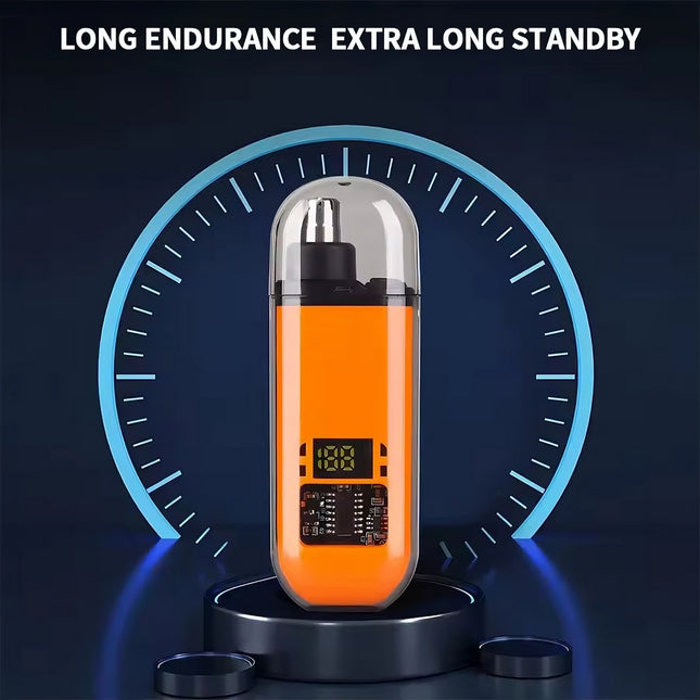 Electric nose hair trimmer side angle view showing ergonomic grip