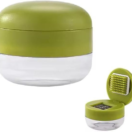 Mini Garlic Chopper and Press with Container, Manual Garlic Mincer Crusher Cutter Grinder, Stainless Steel Blades, Handheld Garlic Slicer Dicer Zoom Tool – Green