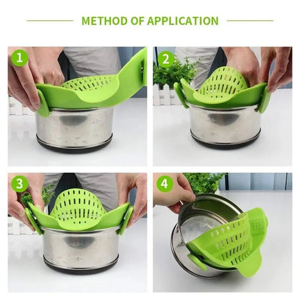 Universal Silicone Strainer Clip side view showing flexible grip and strainer design