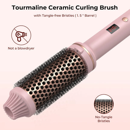 Ceramic hair curler brush creating voluminous curls on long hair