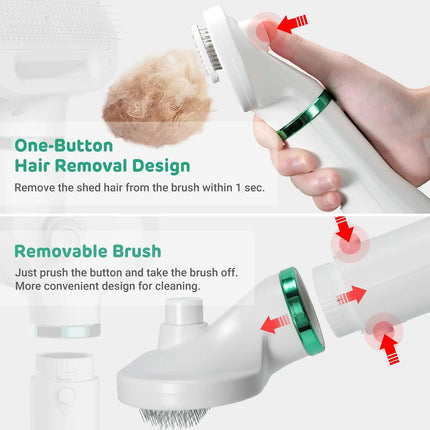 Pet drying brush in use on dog coat after bath for fast moisture removal
