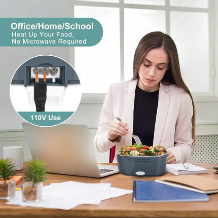 2-in-1 Electric Heating Lunch Box plugged in and heating meal at office desk