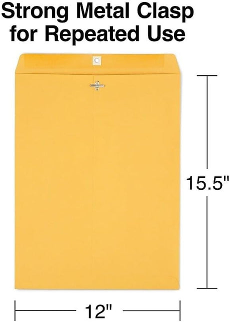 12 x 15.5 Clasp & Moistenable Glue Kraft Catalog Envelopes, Brown, Heavy‑Duty Mailing Envelopes for Documents, 100/Box