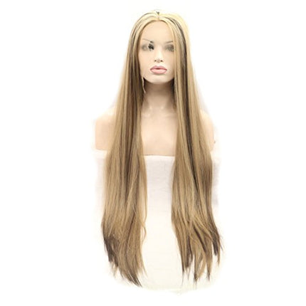Sylvia 24" Natural Blonde Omber Brown Highlight Silky Straight Synthetic Lace Front Wigs Middle Parting 180% Density Heat Resistant Fiber Hair For Women