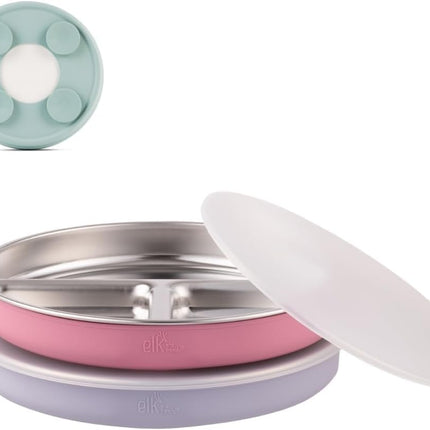 Elk and Friends Stainless Steel Divided Plates with Silicone Sleeve for Babies & Toddlers | Lids Included | Stay Put Suction | Dinner & Snack Plates | 2 Pack