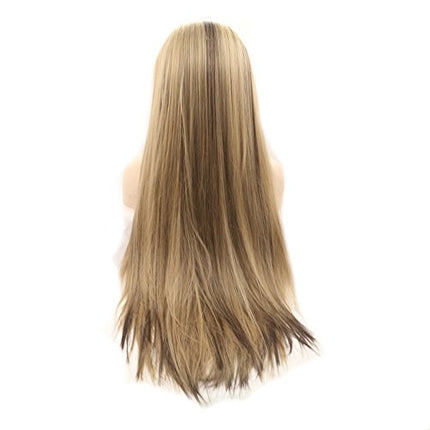 Sylvia 24" Natural Blonde Omber Brown Highlight Silky Straight Synthetic Lace Front Wigs Middle Parting 180% Density Heat Resistant Fiber Hair For Women