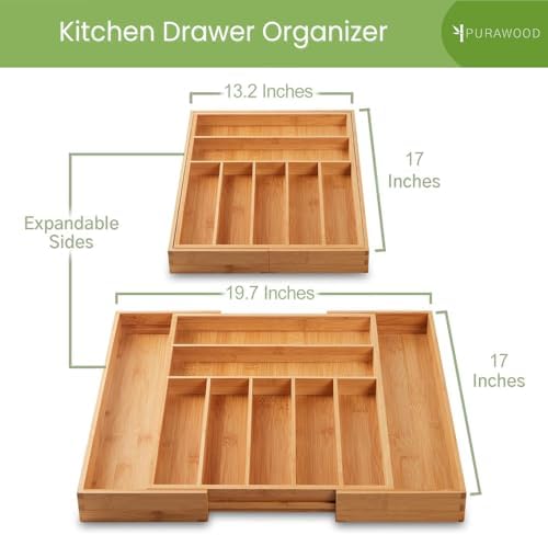 Purawood Bamboo Drawer Organizer – Expandable Silverware & Utensil Organizer Tray