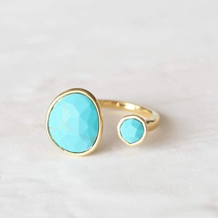 MJLULU Bold 14K Gold-Plated Statement Ring with Eye-Catching Simulated Blue Turquoise - Hypoallergenic & Lightweight, Exuding Boho Elegance - Simple Minimalist Jewelry