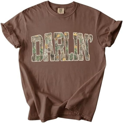 FITIN Darlin’ Camo Comfort Colors Tee, Southern Country Girl Shirt, Western Varsity Camouflage Graphic T Shirt