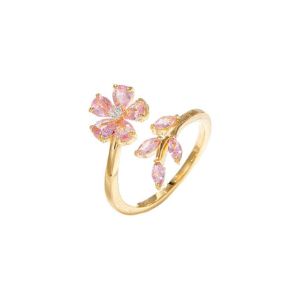 Delicate Flower Leaf Wrap Finger Ring for Women Pink Cubic Zirconia Crystal Floral Statement Ring Promise Engagement Rings Adjustable Open Band