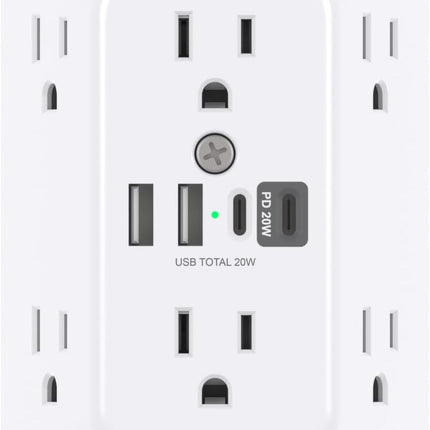 Addtam Surge Protector Outlet Extender, 6-Outlet Splitter with 4 USB Wall Charger(PD 20W), Multi Plug Wall Outlet 1800J Power Strip for Home Office Dorm Room Essentials, White