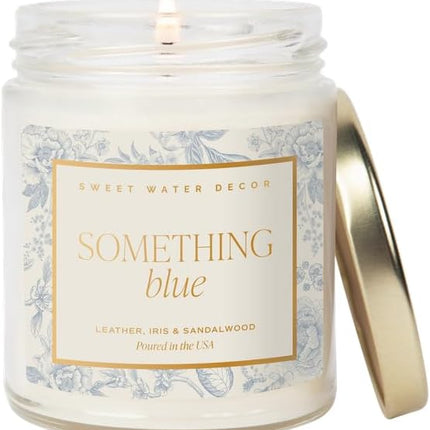 Something Blue Wedding Candle, Non-Toxic Soy Wax, Leather, Iris, and Sandalwood Scent for Relaxation, Gift for Bride, 40 Hours Burn Time - 9oz Gold Lid, Clear Jar