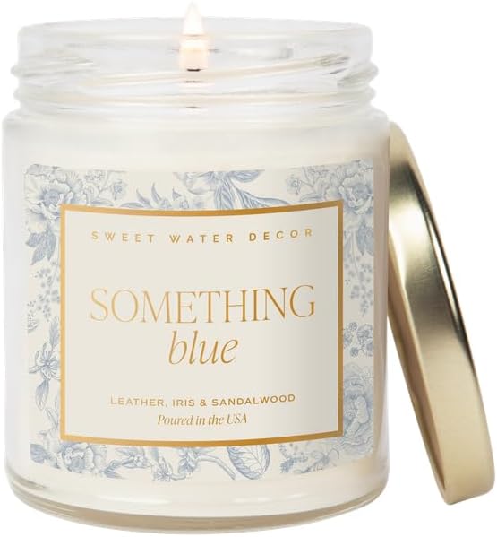 Something Blue Wedding Candle, Non-Toxic Soy Wax, Leather, Iris, and Sandalwood Scent for Relaxation, Gift for Bride