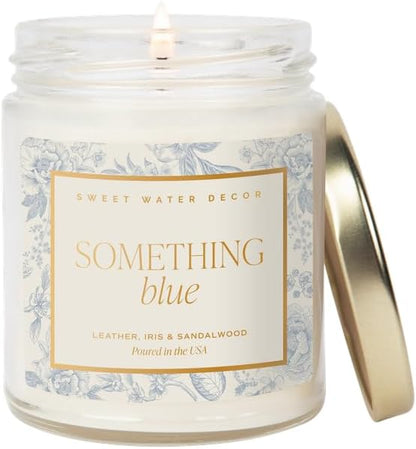 Something Blue Wedding Candle, Non-Toxic Soy Wax, Leather, Iris, and Sandalwood Scent for Relaxation, Gift for Bride