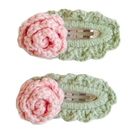 Handmade Crochet Rose Hair Clips for Girls, Pink and Green Floral Snap Clips Set, Yarn Amigurumi Flower Hair Accessories