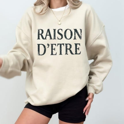 FITIN Raison D’Etre Vintage Text Sweatshirt – Minimalist French Quote Graphic Unisex Cozy Pullover Crewneck