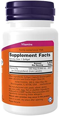 NOW Foods Vitamin D3 supplement facts panel