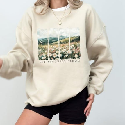 FITIN Let Kindness Bloom Floral Landscape Sweatshirt – Vintage Wildflower Meadow Graphic Cozy Crewneck