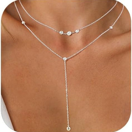 DALI Long Gold Necklaces for Women, Dainty Layered Lariat Sterling Silver Plated Y Shaped Necklace Stack Non Tarnish Cross CZ Pendant Long Chain Choker Adjustable Necklaces Jewelry for Vacation Christmas